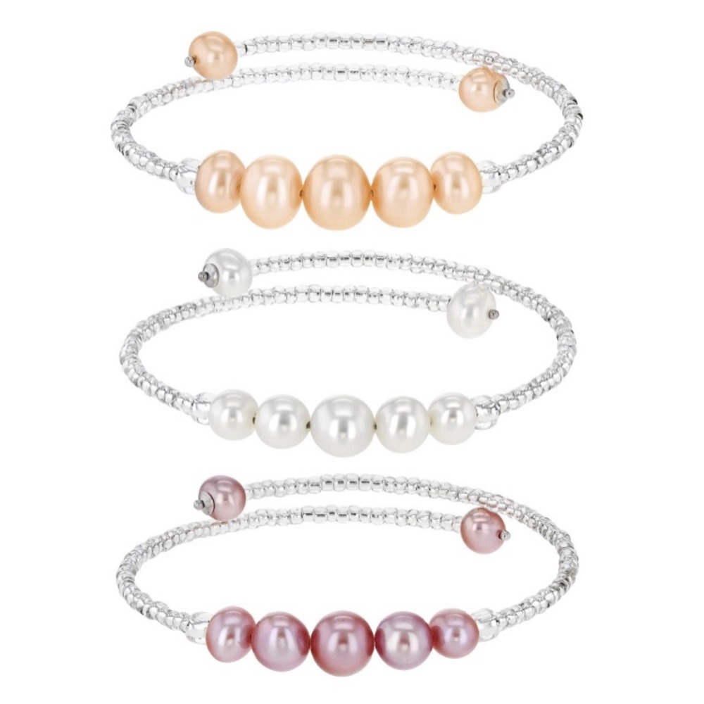 Sterling Silver Cultured Freshwater PEARLS, White, Lavender, Peach THREE Bangles - Picture 1 of 6